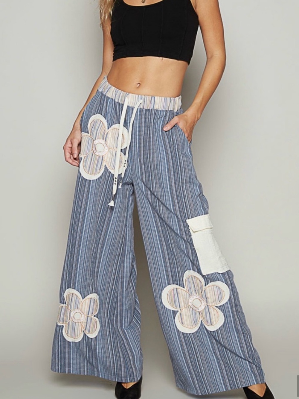 332. POL Blue Floral Wide-Leg Jumpsuit Pants